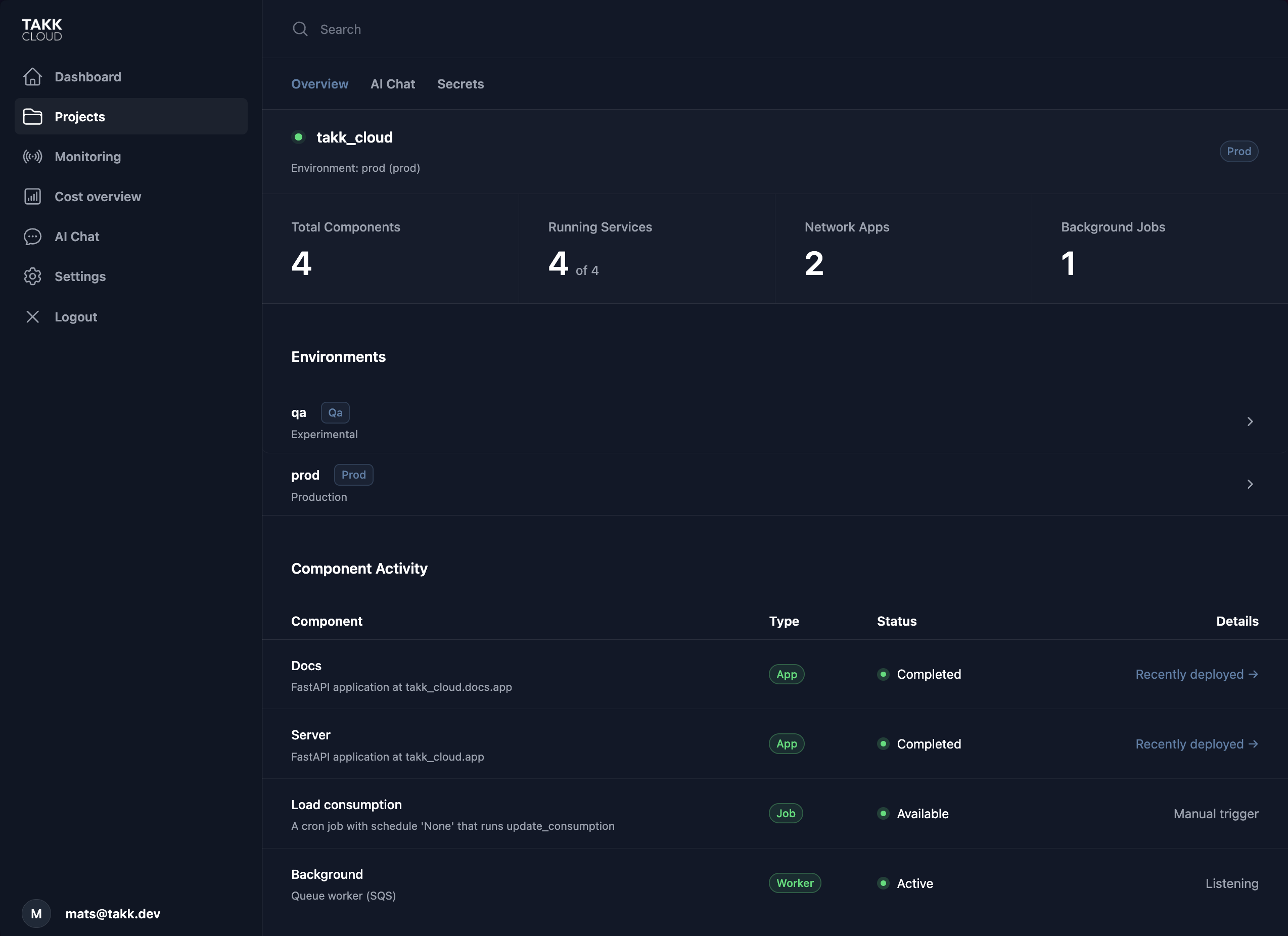 Takk dashboard screenshot